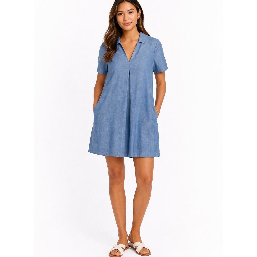 Madewell Blue Cotton Linen Shift Mini Dress V-Neck Size Medium